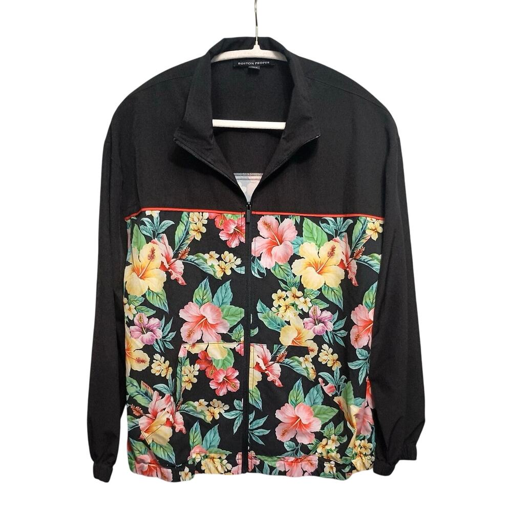 Boston Proper floral/blk track jacket sz Med zip lightweight luau Hawaiian beach
